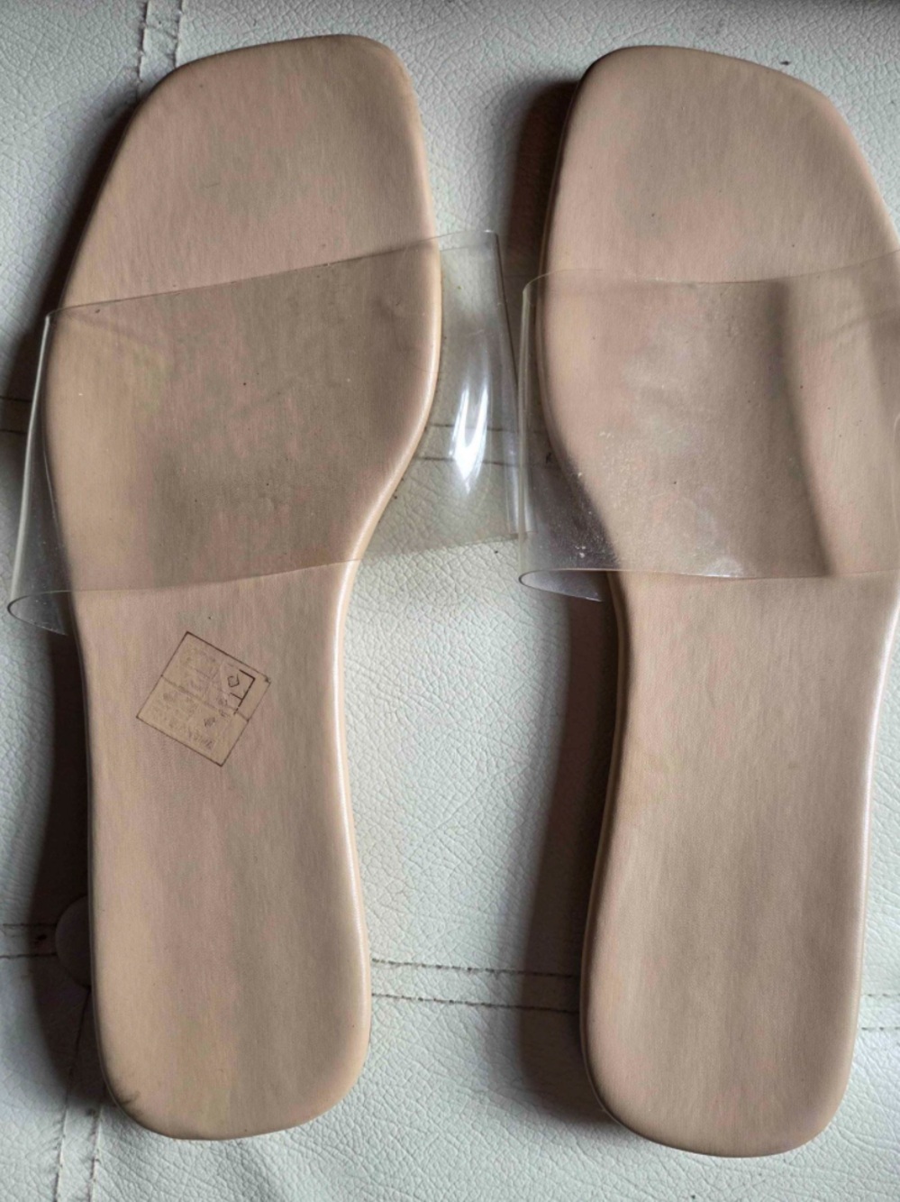 Nude Beige Slide Sandals with Clear Strap